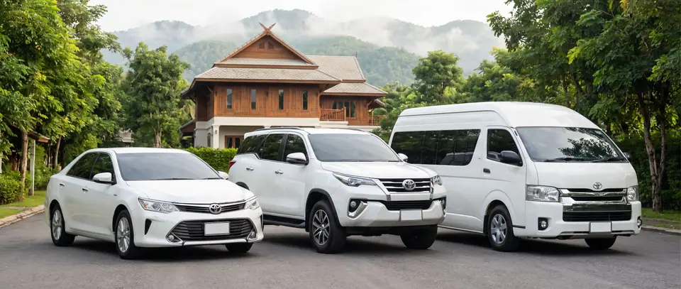 Sedan, SUV and van in front of a Lanna teak house