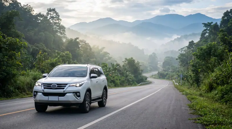 White SUV on the winding mountain road to Pai